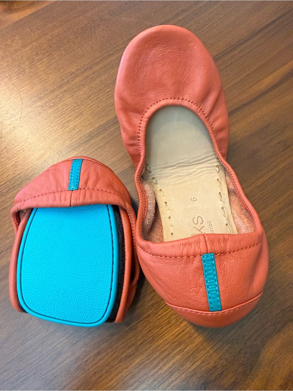 Tieks orange Leather Ballet Flats with Turquoise Tabs